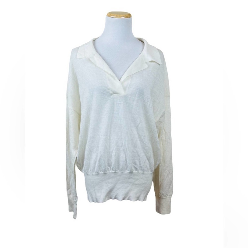 ALEX MARIE Ivory Merino Wool Pullover V Neck Collared Knit Sweater XL NWT Flaw